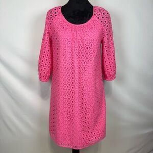 Crown & Ivy Size 8 Petite Hot Pink Eyelet Dress Lined 3/4 Sleeves